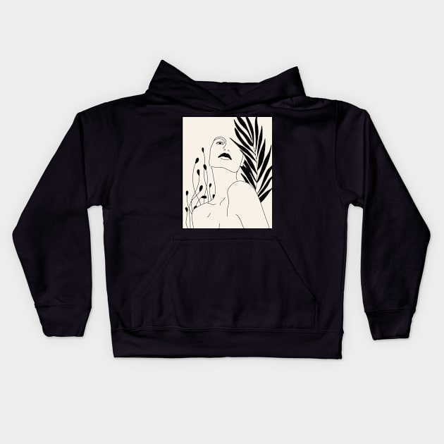 Woman Portrait And Plant Leaves Line Art Kids Hoodie by Trippycollage